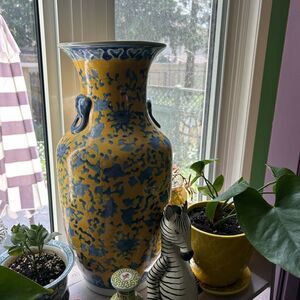 Vintage Artistic Yellow and Blue Asian Floral Vase 19" tall